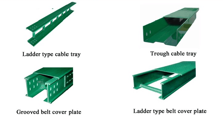 Various Shapes and Types of Fiberglass Cable Tray for Cable Management in Industrial and Commercial Applications.