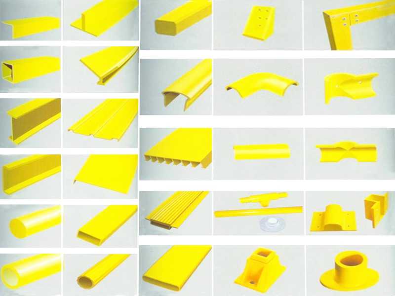 Pultruded fiberglass structural profiles with various cross-sections including C-channel, angle, tube, and custom shapes